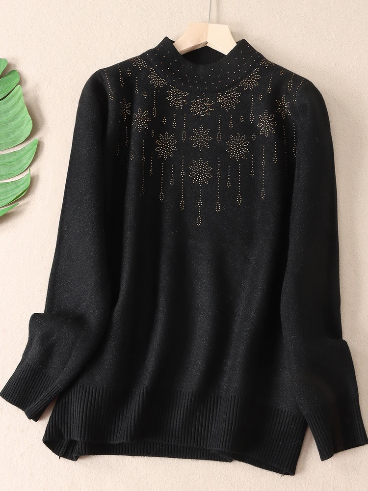 

Утепленный свитер с высоким воротником для женщин, зимний теплый вязаный топ с интегрированным дизайном и украшением в виде ромбов, прямой крой