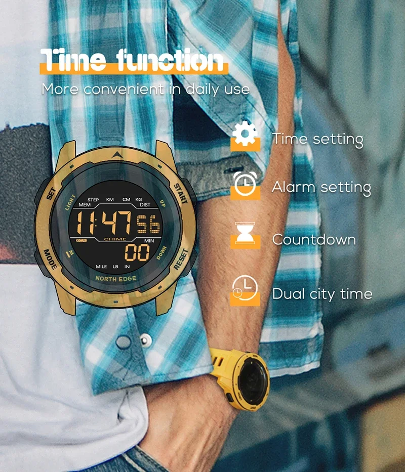 NORTH EDGE Mars reloj Digital para hombre, cronómetro deportivo militar, resistente al agua hasta 50M, podómetro, calorías, alarma por hora