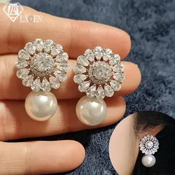 LXOEN Exquisite Flower Women Pearl Earrings Bling Shining AAA Zircon CZ Stud Earring Wedding Jewelry