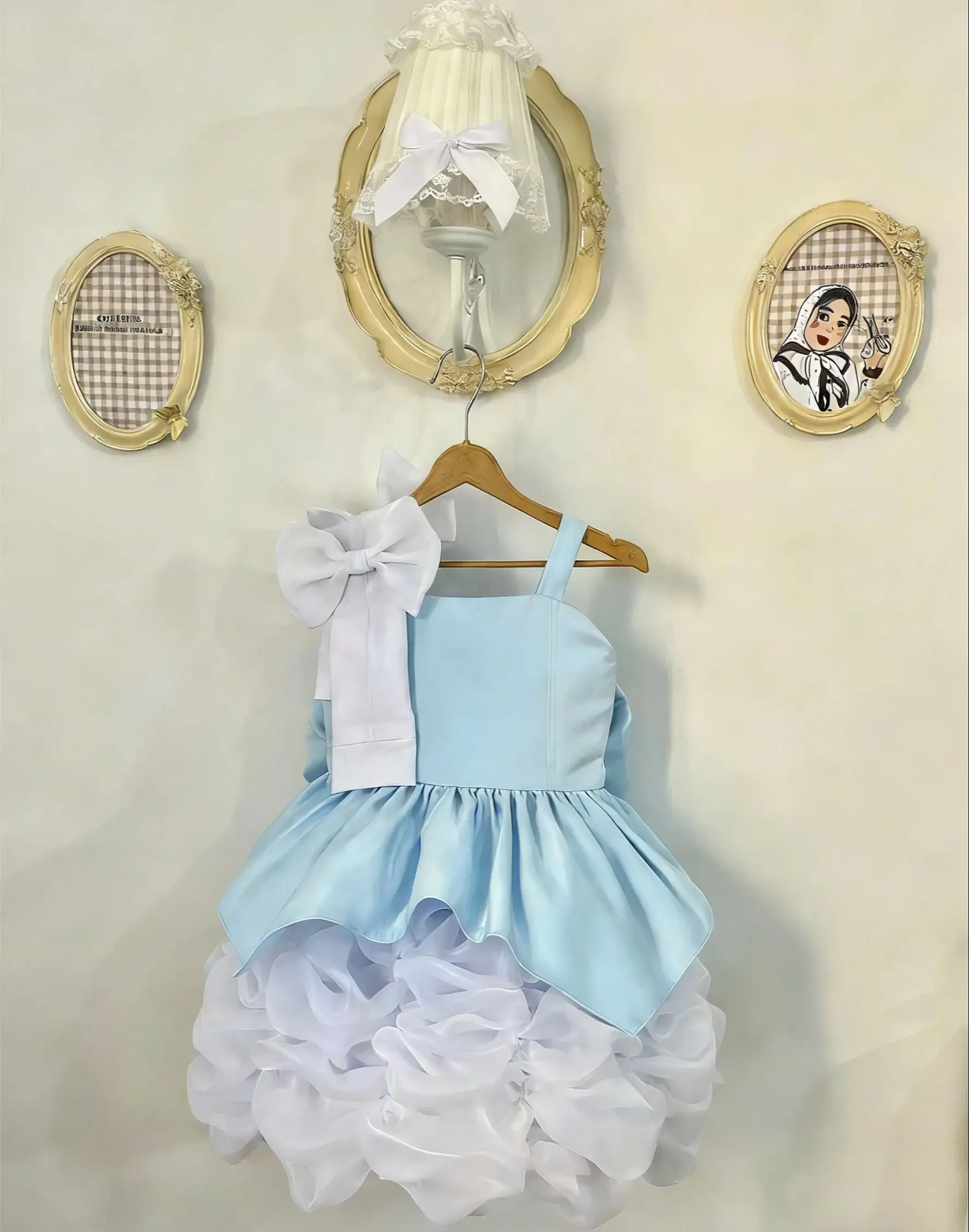 Cute Blue Satin with Bow Customized Flower Girl Dresses For Wedding Knee Lenght Kid's Birthday Party First Communion Gown