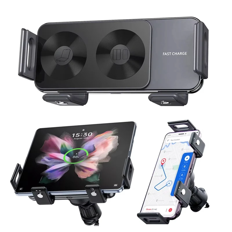 Carregador de carro sem fio Mount Holder, Samsung Galaxy Z Fold 5, S23 Ultra, Auto Clamp, Carregador rápido para iPhone 15 Pro, 15W