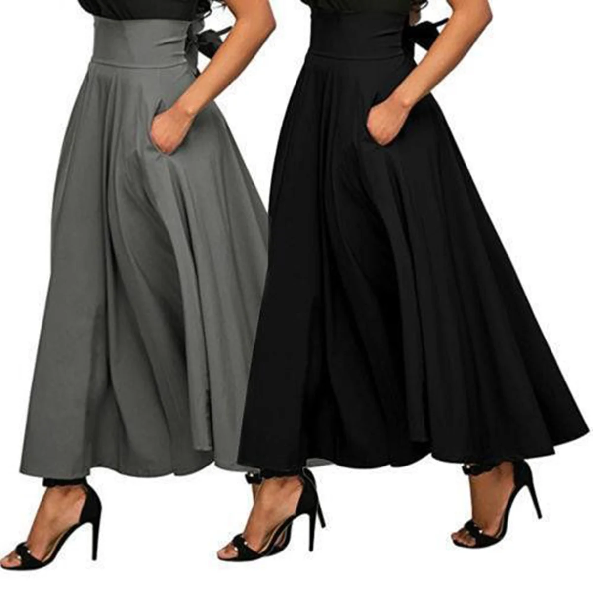 Mode Effen Kleur Grote Swing Vrouwen Rok Lange Rok Autumn Wilde Hoge Taille Strik Slanke Rokken