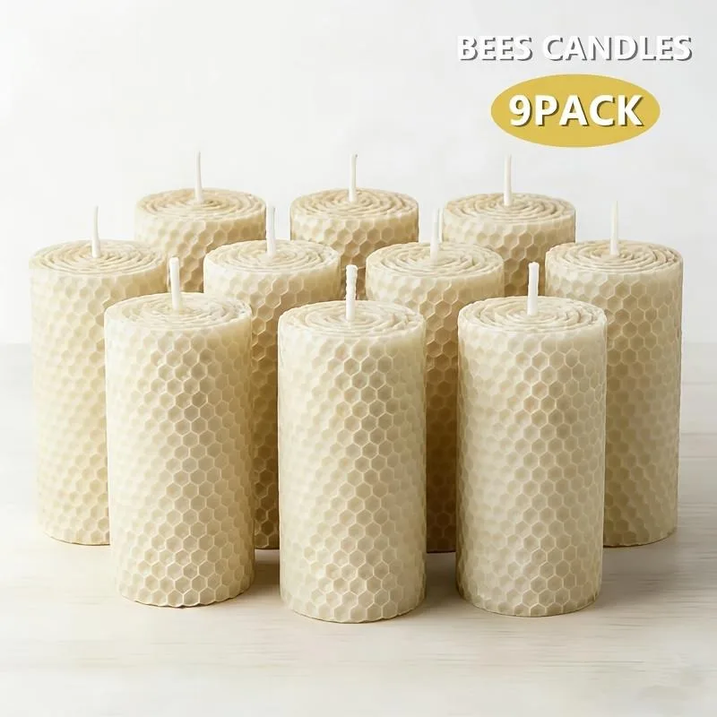 9-piece set of handmade rolled beeswax candles, available in two colors, 3.5×5cm in size, honeycomb texture natural beeswax aroma, 100% natural beeswax, essential for wedding decorations, dinner ambiance, and home atmosphere lighting gift