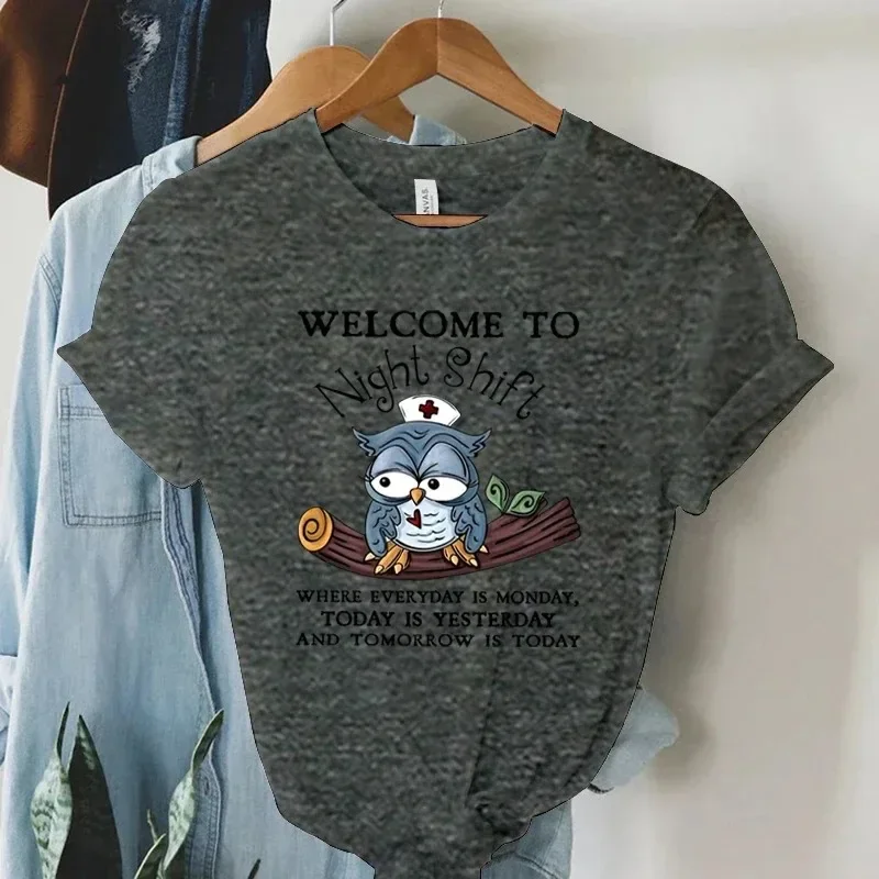 Cartoon T Shirt Welcome To Night Shift Letter Cute Tee Women Summer Fashion Aesthetics T-shirts Women Short Sleeve Top