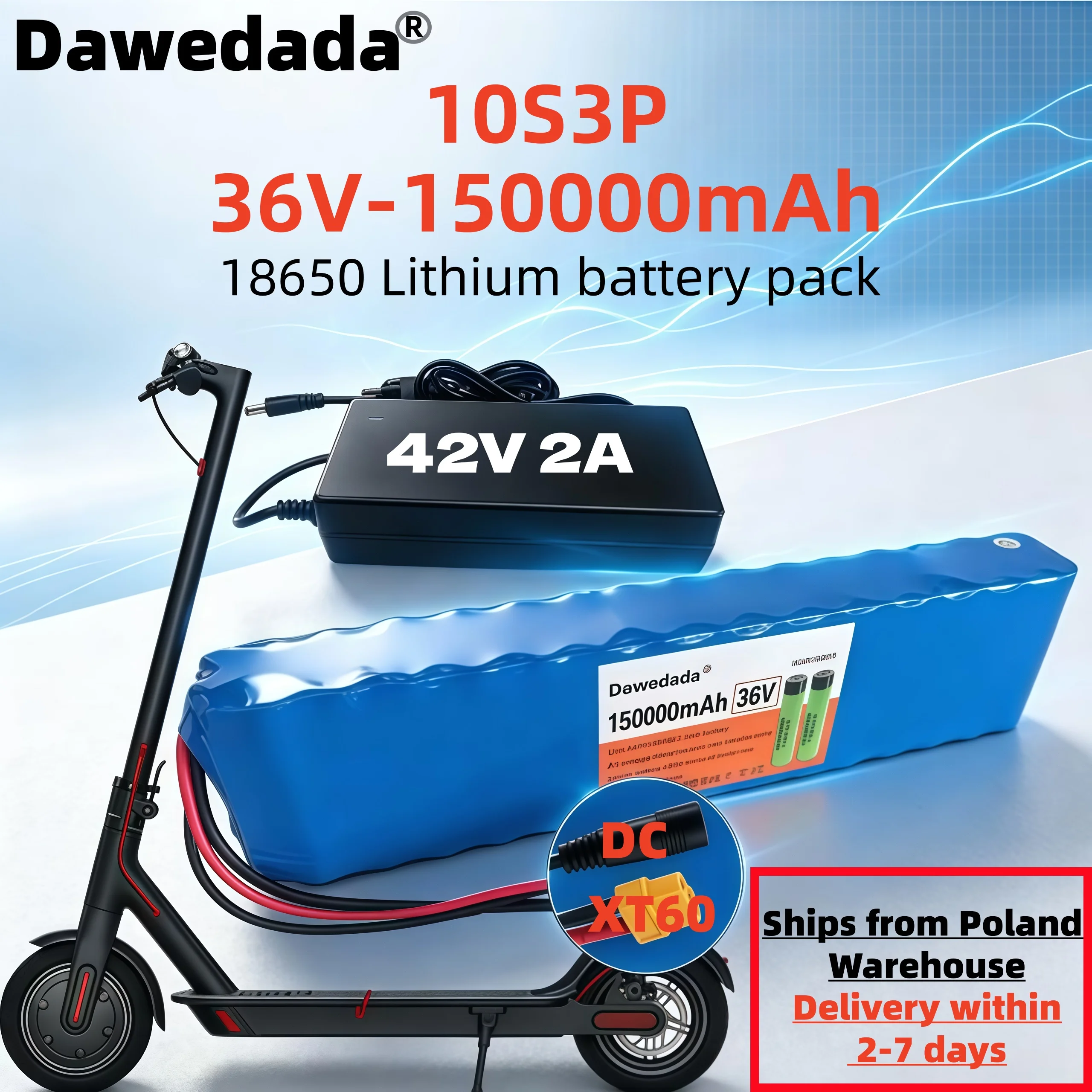 Batteria al litio da 36 V e 150 Ah, configurazione 10S3P, per la sostituzione della batteria di skateboard elettrici Kugoo S2/S3, dotata di sistema di protezione BMS integrato e caricabatterie