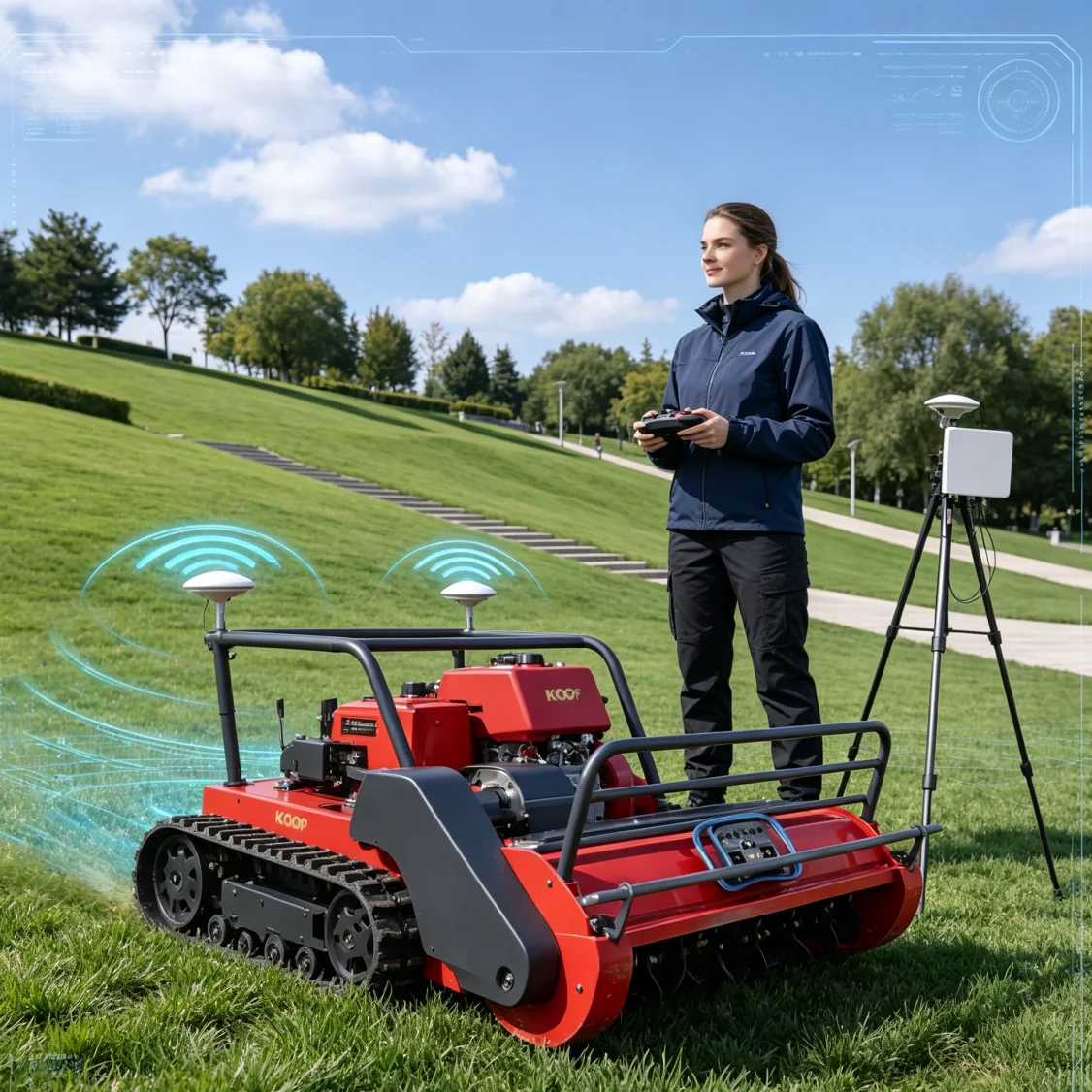 Customized Remote Control Flail Mower GPS low-profile design for weed trimming under solar panel power stations.