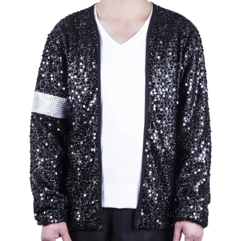 

1980s Black Sequin Halloween Costume Jacket Men Black Sequin Open Front Cardigan Jacket for Stage Performance Party