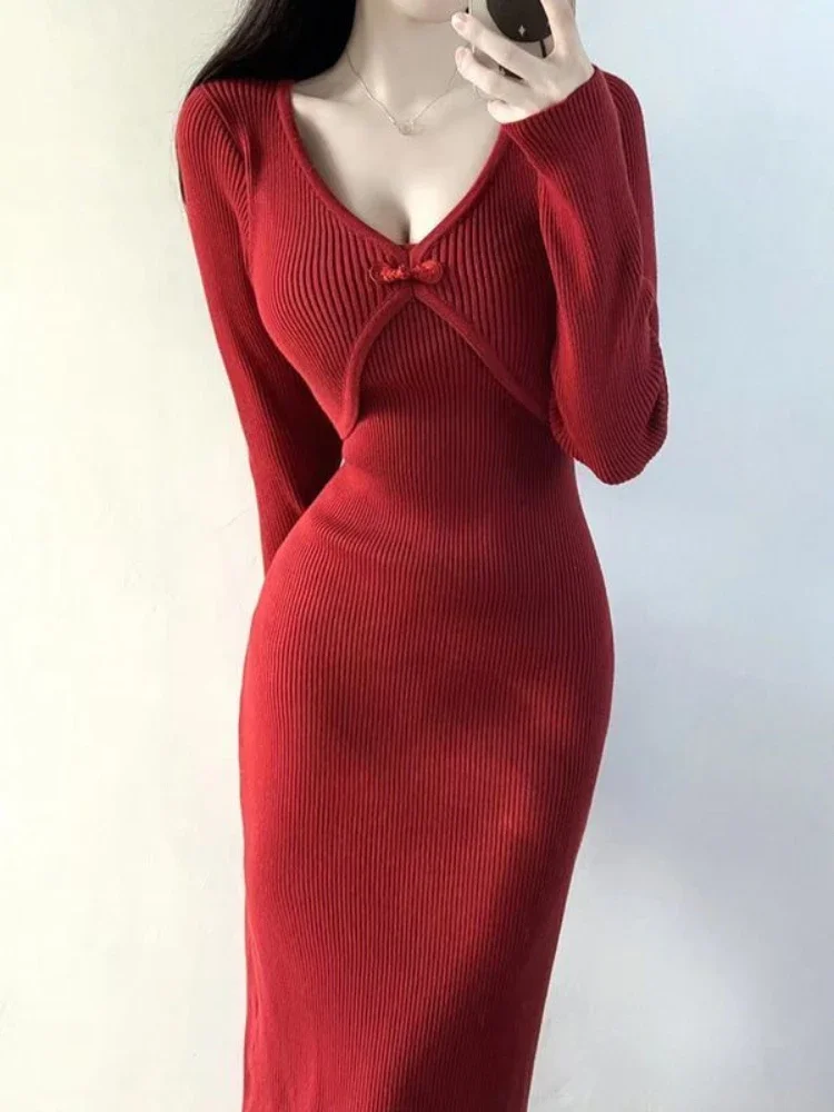 Kobieca dzianinowa sukienka Czerwona Bodycon Vintage Sukienki damskie szydełkowe Cover Up Midi do kolan na promocji Elegancka luksusowa odzież X G