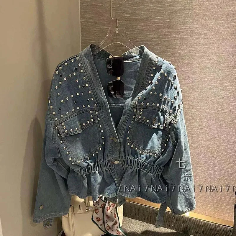 Denim Jacket Women\'s Spring Autumn New Heavy Industry Studded Beaded Loose Joker Short Fashion Long Sleeve Casual ComfortableTop