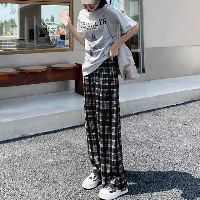 Black and White Plaid Pleated Casual Straight Leg Pants for Women Thin and Trendy Loose Wide Leg Elastic Waist Hanging Pants