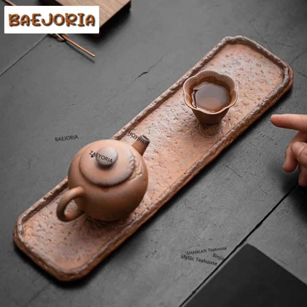 Retro Coarse Pottery Old Thing Rectangular Tea Tray Handmade Tea Board Household Dishes for Serving Tea Services Supplies Craft