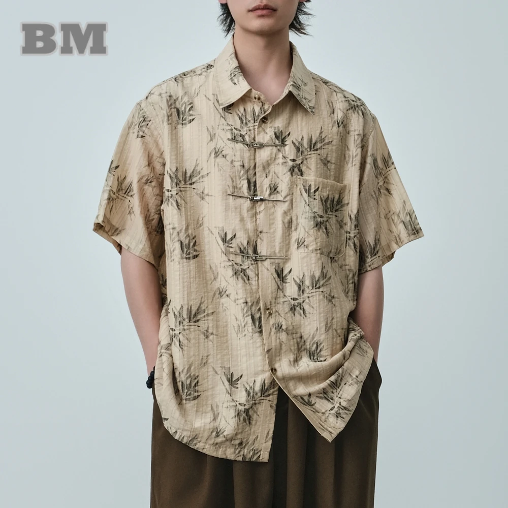 

Summer Chinese Style Bamboo Leaf Print Short Sleeve Shirt Mens Clothing Vintage Casual Tai Chi Kung Fu Shirts Ethnic Style Tops