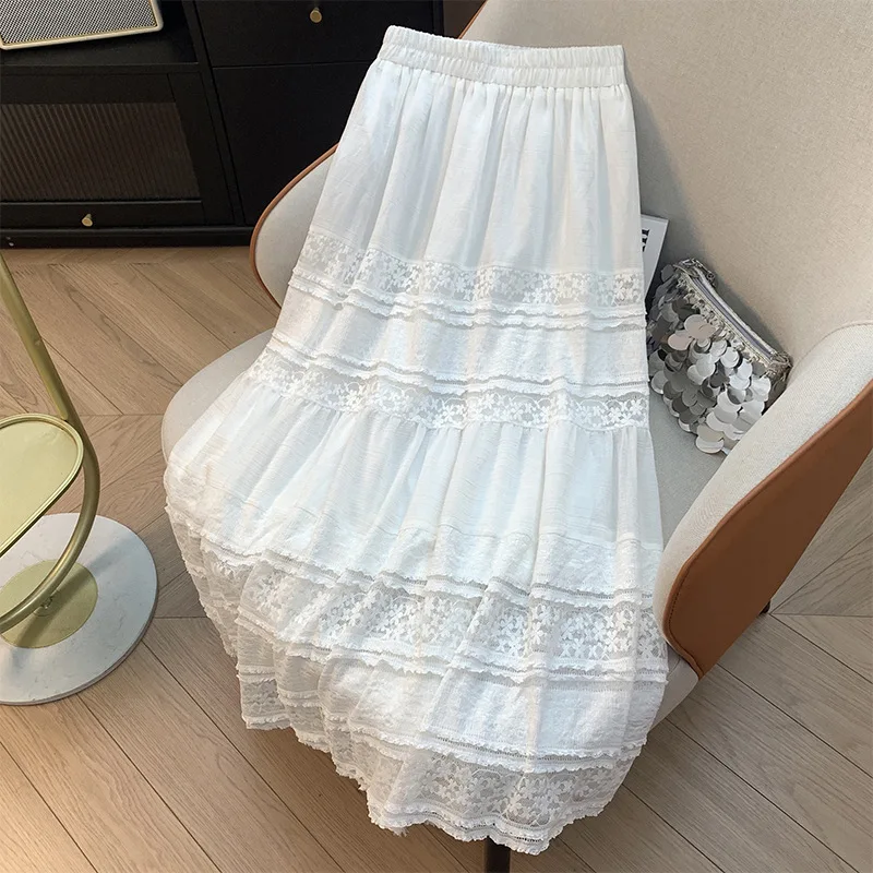 Gonna longuette a trapezio bianca gonfia da donna Inizio autunno 2025 Gonna svasata con finiture in pizzo Cotone Lyocell Vita alta Pendolarismo Ci
