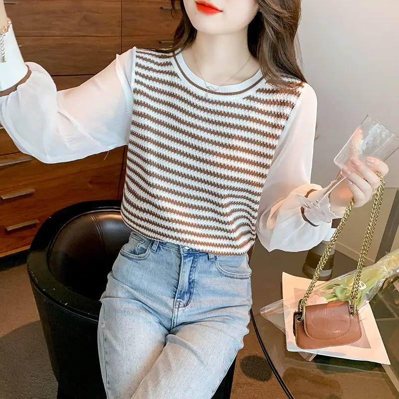 Patchwork Striped Fake Two Pieces Blouse Spring Autumn Long Sleeve O-neck Korean Shirt Tops Fashion Temperament Women Clothing