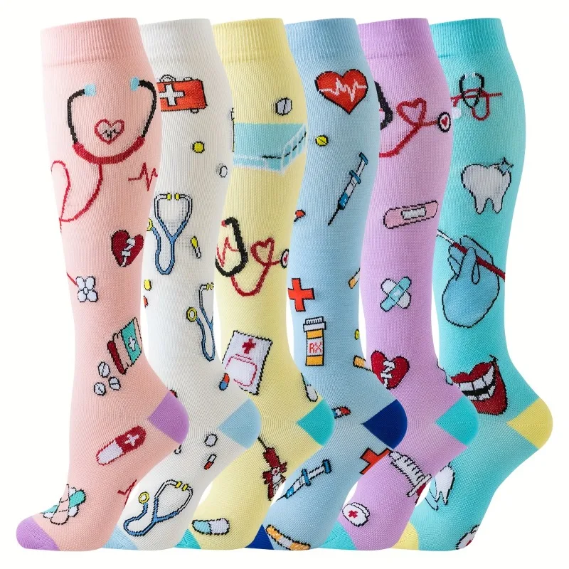6 Pairs Circulation Athletic Nurse Compression Socks Women Heart Pattern Knee High Socks Women Dentist Nurse Compression Sock