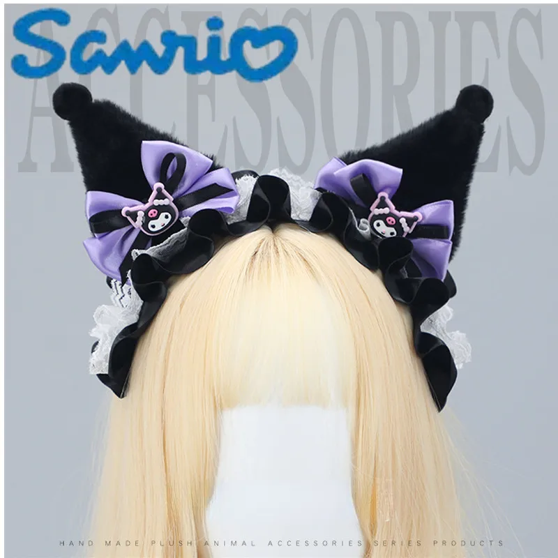 Sanrio-tocado de Lolita con orejas de felpa, accesorios de Cosplay, Linda diadema Kuromi, regalo para niña