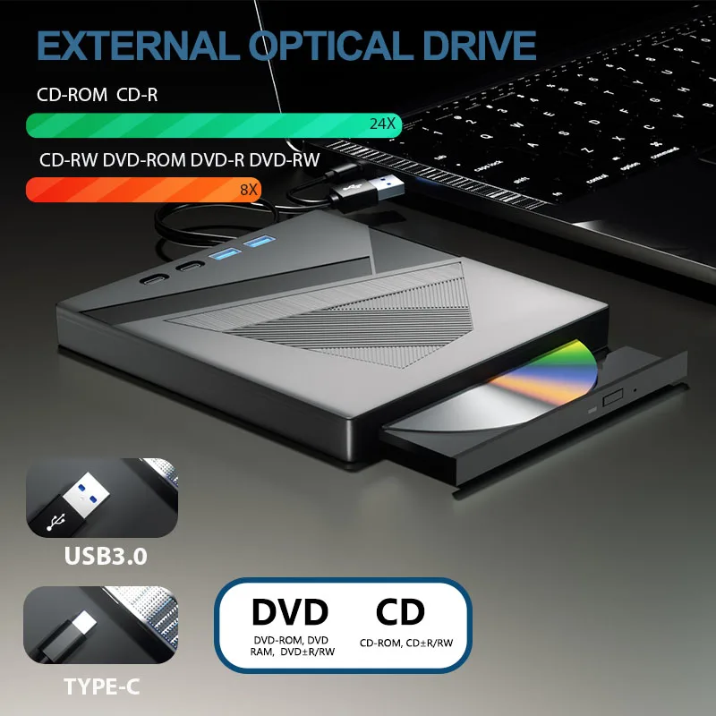 Multifunctional External DVD Drive CD DVD -/+RW Player with USB 3.0 Type-C TF SD Card Slots Optical Drives for Laptop PC Windows