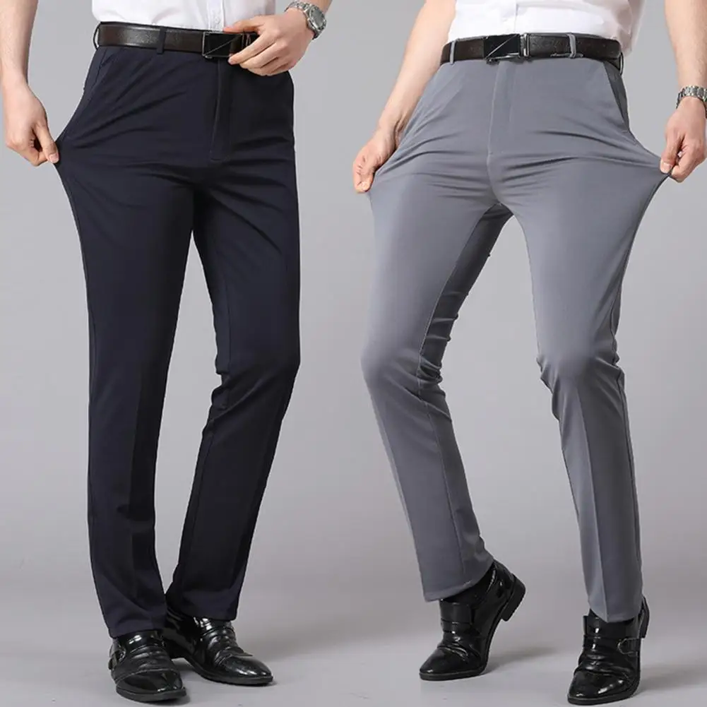 

Men Suit Pants Slim Fit Straight Formal Pants Business Style Button Zipper Closure Stretchy Pockets Office Meeting Long Trousers