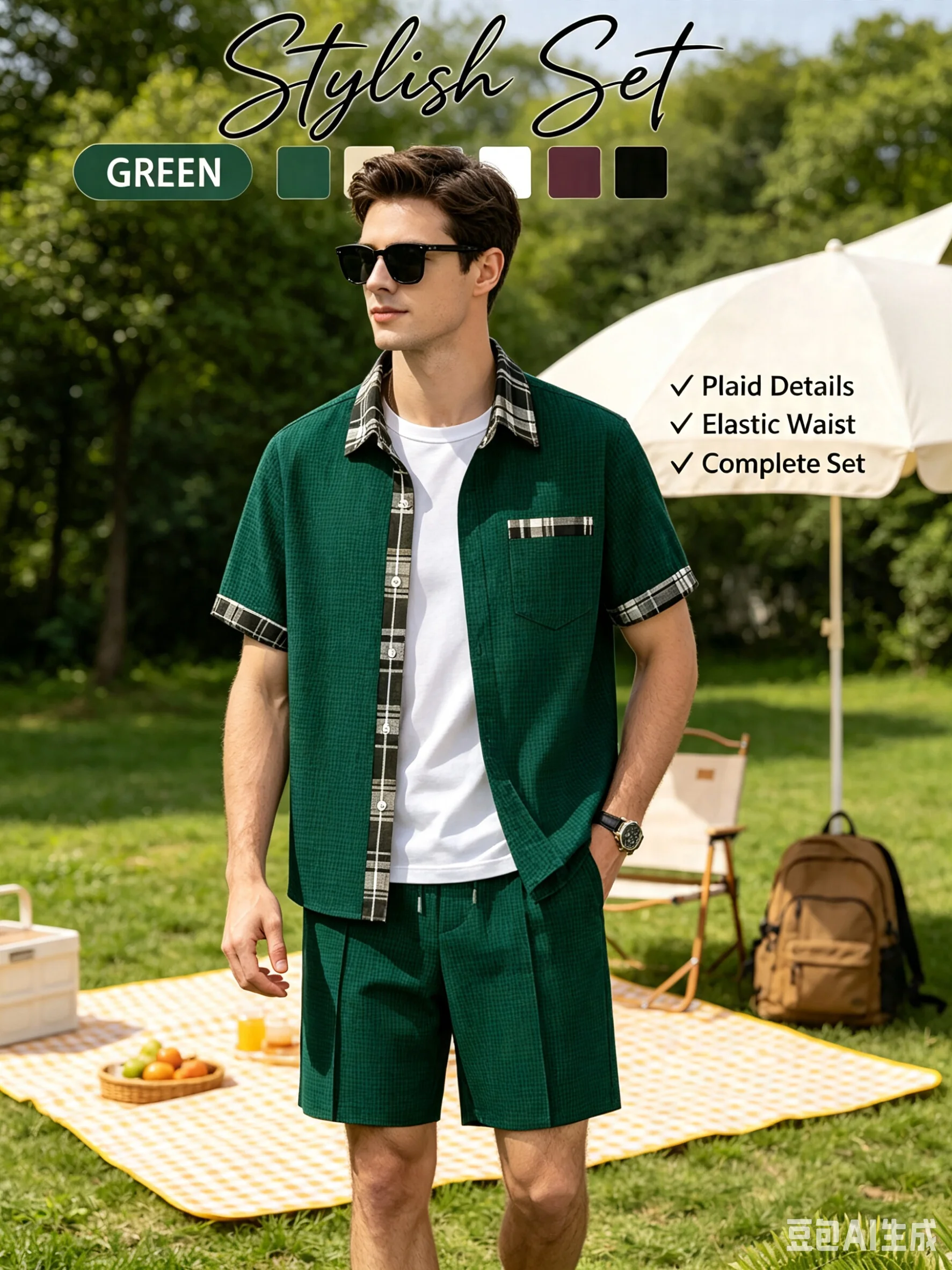 Men'sWaffle 3-in-1 Outfit Set Plaid Trim Lapel Short Sleeve Shirt+Drawstring Long Pants & Shorts Summer Casual Two-Way Wear Suit - view 4