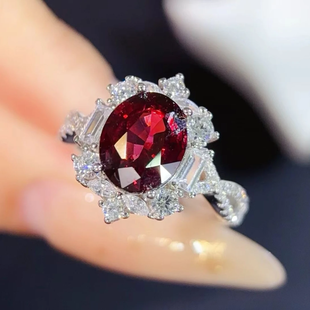 

Wine Color Natural Garnet Ring with Certificate 8mm*10mm 3ct Genuine Garnet Silver Jewelry Gold Plated 925 Silver Ring for Women