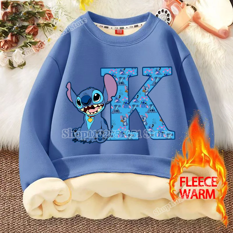 Cartoon Stitch Letter A-Z Print Fleece Sweatshirts for Kids Alphabet Tops Thicken Lamb Wool Pullover Disney Clothes Warm Tops