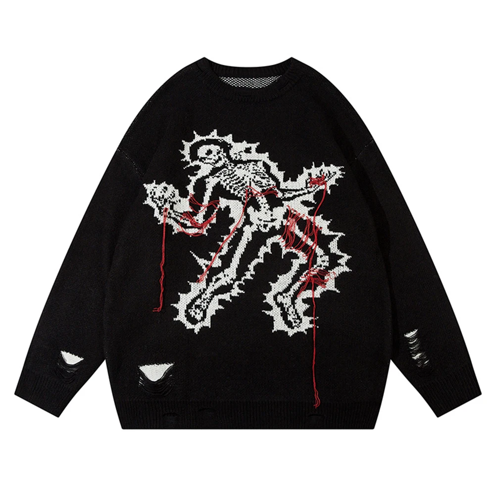 Skeleton Ripped Sweater Men Crew Neck Pullover Mens Sweater Black Beige