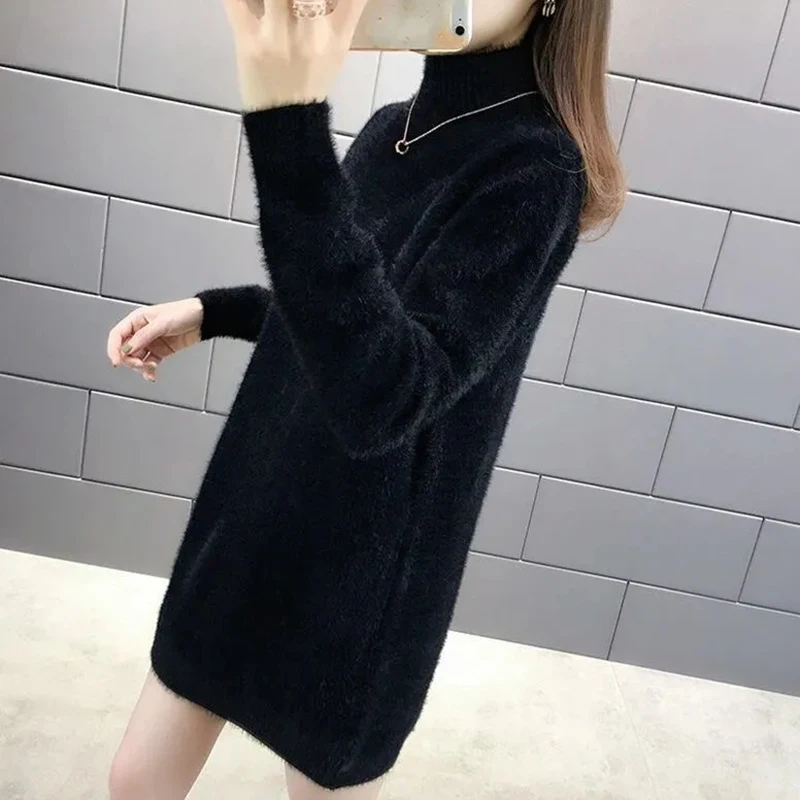 

Mink Velvet Long Knitted Sweater Women Outside Wear 2025 New Autumn Winter Fashion Semi-High CollarLoose Bottoming Shirt Dress