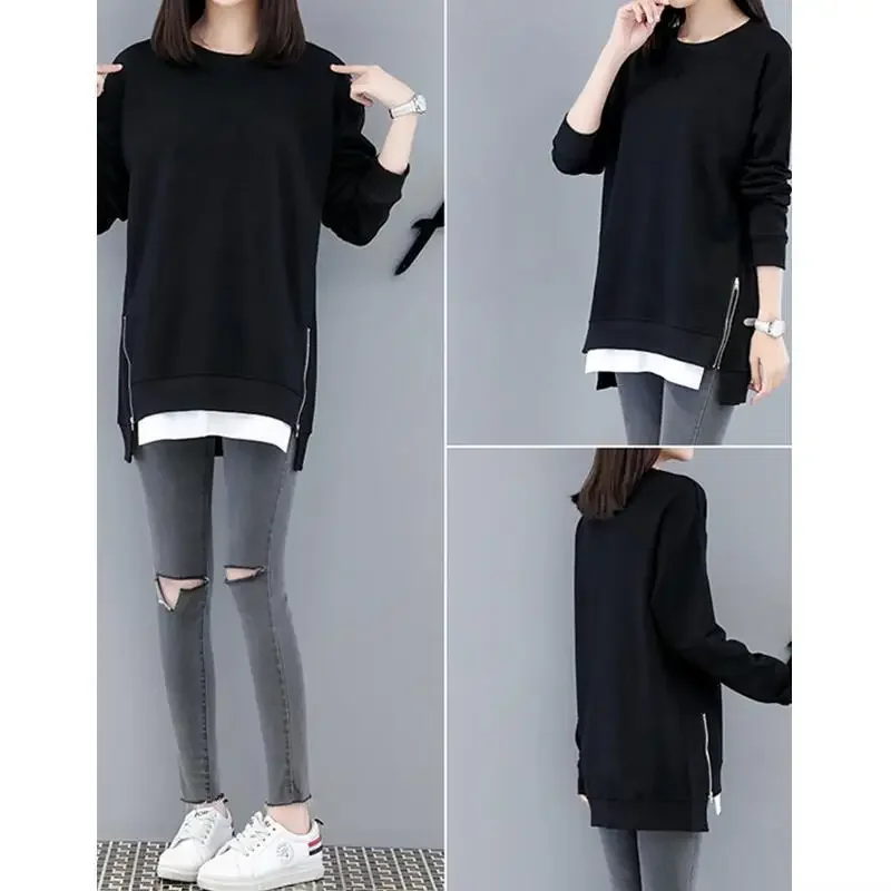 Korean O Neck Black Zipper Patchwork Tunic Pullover Top Female Casual Loose Long Sleeve Streetwear Sweatshirt Women Clothing 4XL