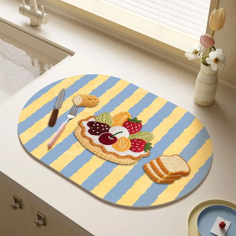 French Checkered Oval Dish Rack Mat Absorbent Quick-Drying Non-Slip Sink Countertop Mat Kitchen Home Decor Farmhouse Style