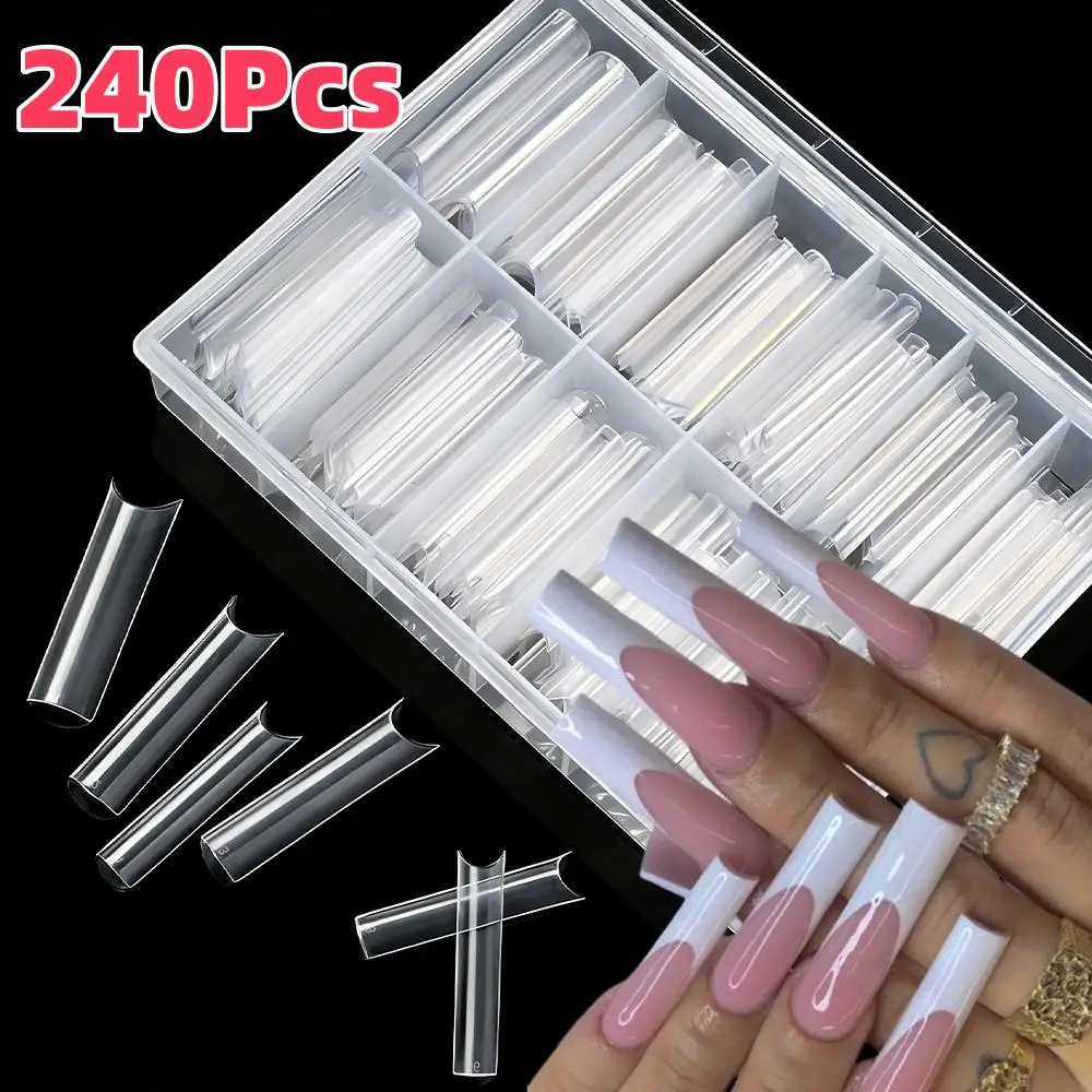 240Pcs 12 Sizes XXL Long Square Fake Nails Half Cover Transparent Press On Nail Water Pipe Shaped False Nail Art Extension Tips