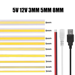 Taśma LED DC5V USB COB 3mm 5mm 8mm Szerokość 12V 320LEDs Elastyczna taśma LED z klejem Oświetlenie liniowe o dużej gęstości