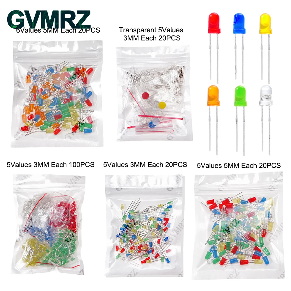 3MM 5MM Light Emitting Diodes Electronics Kit F3 F5 LED Diode Assorted Kit White Green Red Blue Yellow Orange Luminous LED