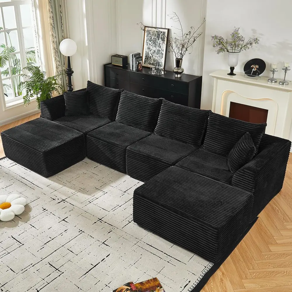 Sectional Sofa, UShaped Cloud Couch, Memory Foam Corduroy Sofa, 130 Inch Convertible Bed, Living Room Furniture, Black