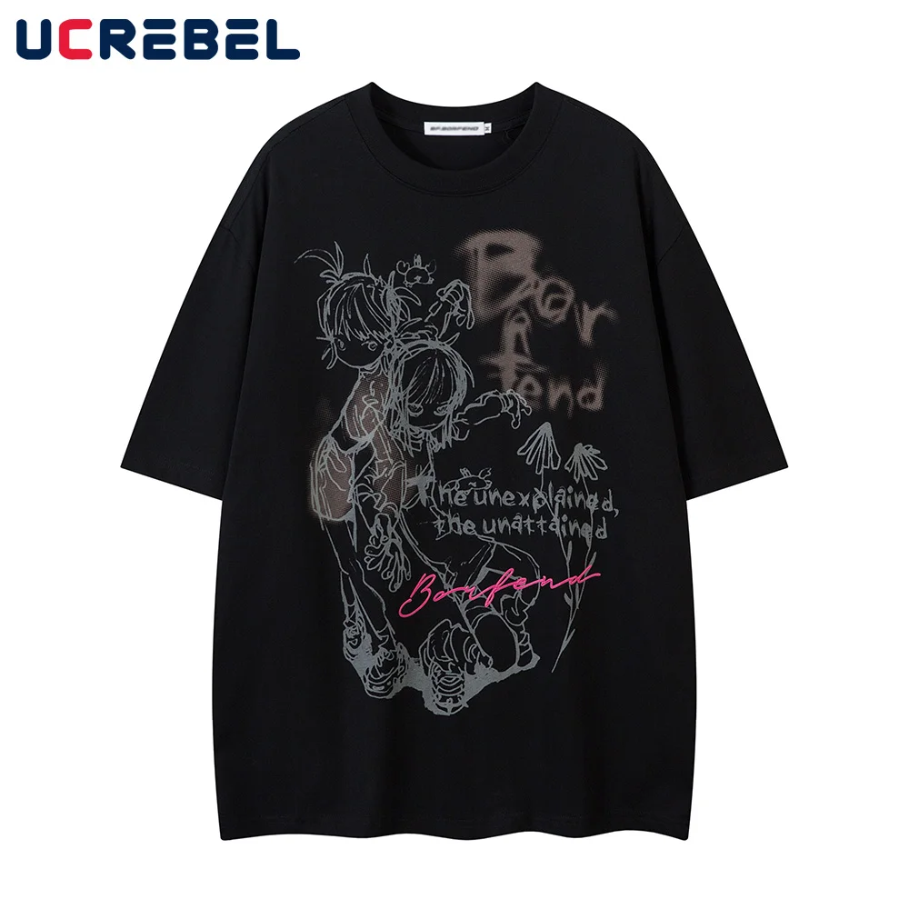 Graffiti Cartoon Print Short Sleeve T-shirt Mens Y2k Streetwear Summer Crew Neck Loose Half-Sleeve Cotton Tee Men