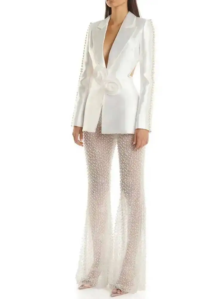 Fashion Women Blazer Notched Hollow Out Back Collar Long Sleeves 3D Flower Pearl Sequin Mesh Pants Spring 2026 New 7A0DRU