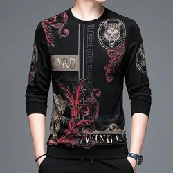 Spring and Autumn Men's Pullover Round Neck Animal Letter Printing Rhinestone Long Sleeve Sweater T-shirt Fashion Casual Tops