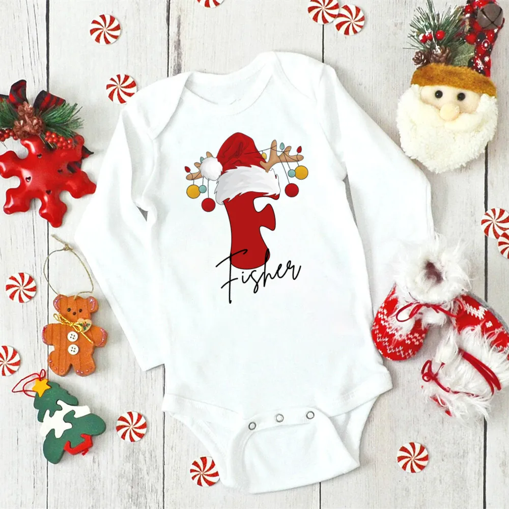 Personalized Letter with Name Baby Bodysuit Infant Christmas Party Infant Outfits Newborn Jumpsuit Toddler Xmas Clothes Gifts