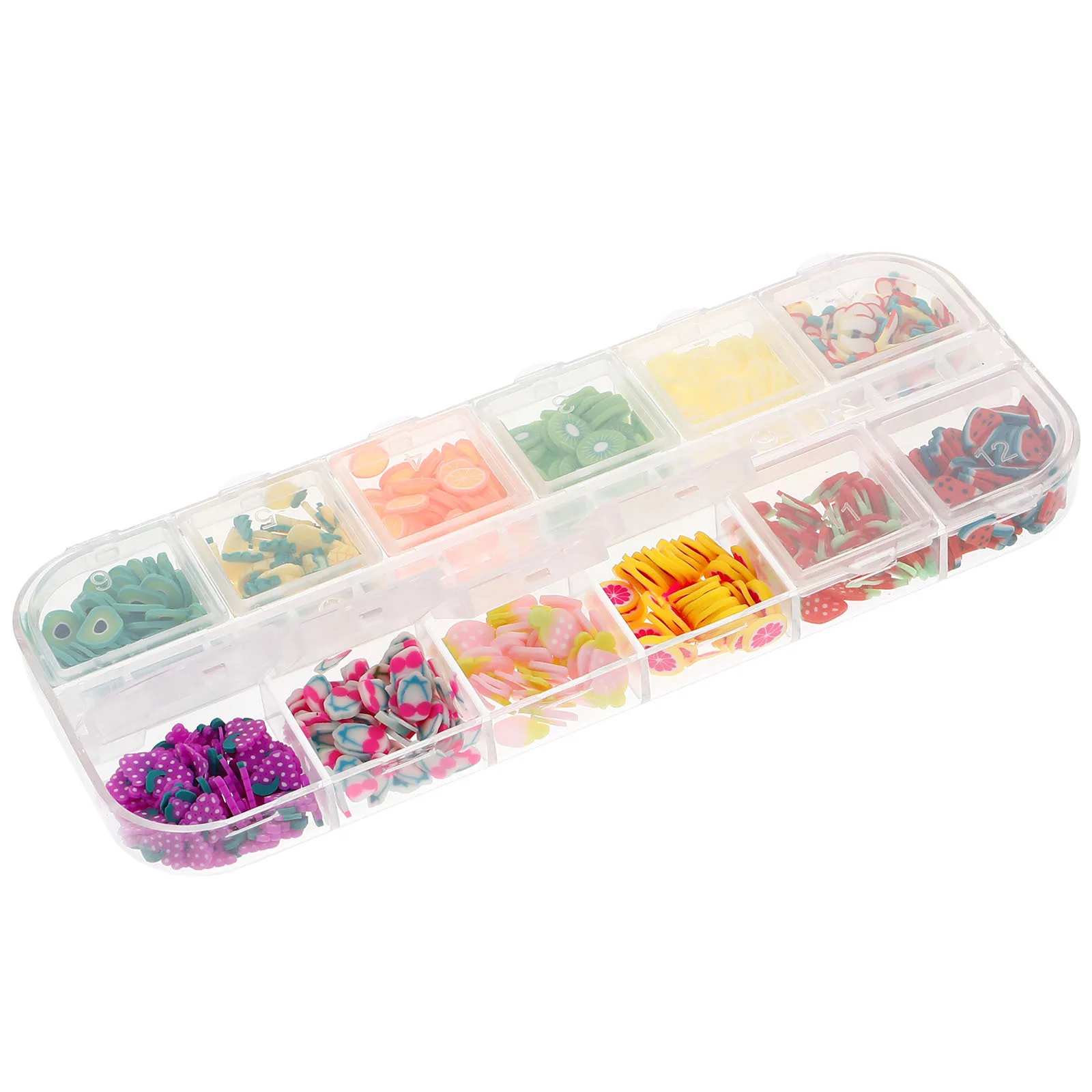 

12 Grid Polymer Clay Fruit Slices Colorful Nail Art Charms DIY 3D Fruit Decorations Strawberry Cherry Lemon Orange Nail