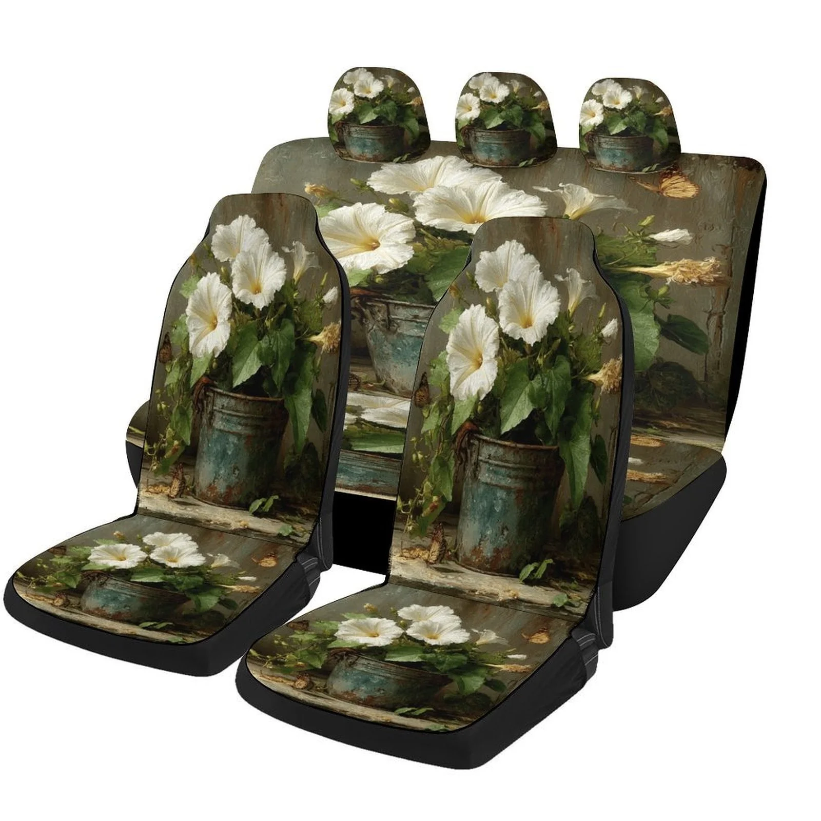 

Morning Glory & Butterflies Car Seat Cover Set - High-Quality, Trendy Novelty Design For 2 Front & Rear Seats, Machine Washable,