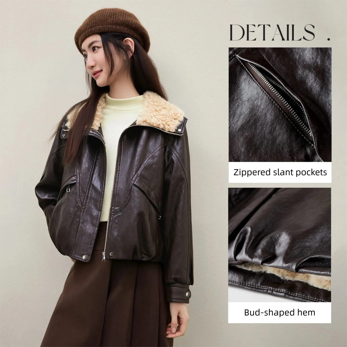 Jaqueta Feminina SENTUBILA de Couro Sintético Forrada com Lã, Gola Contrastante, Casaco Curto de PU, Coleção Inverno 2025, Agasalho Feminino W54PD6213