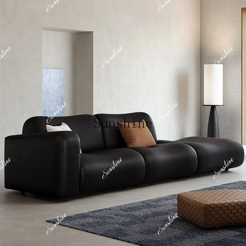 Leather sofa Italian style, retro living room straight row size apartment, black simple and modernP