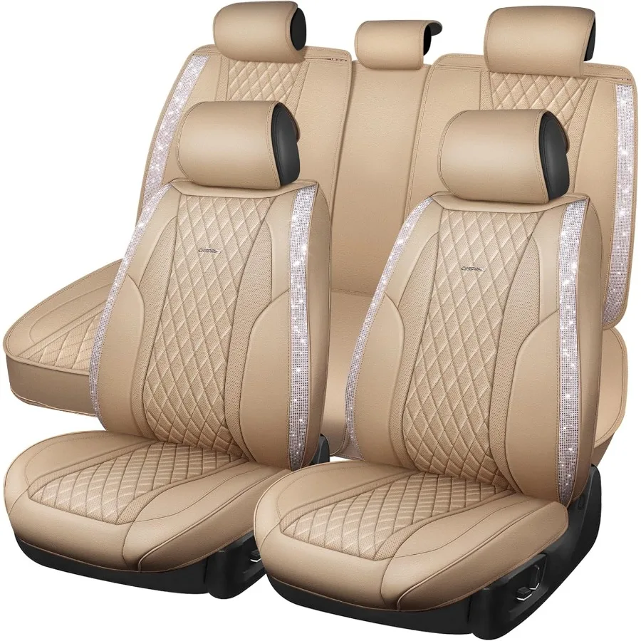 

Beige Leather Bling Car Seat Covers Full Set Luxury Microfiber Nappa PU Cushioned Waterproof AntiSlip Universal Fit for Auto SU