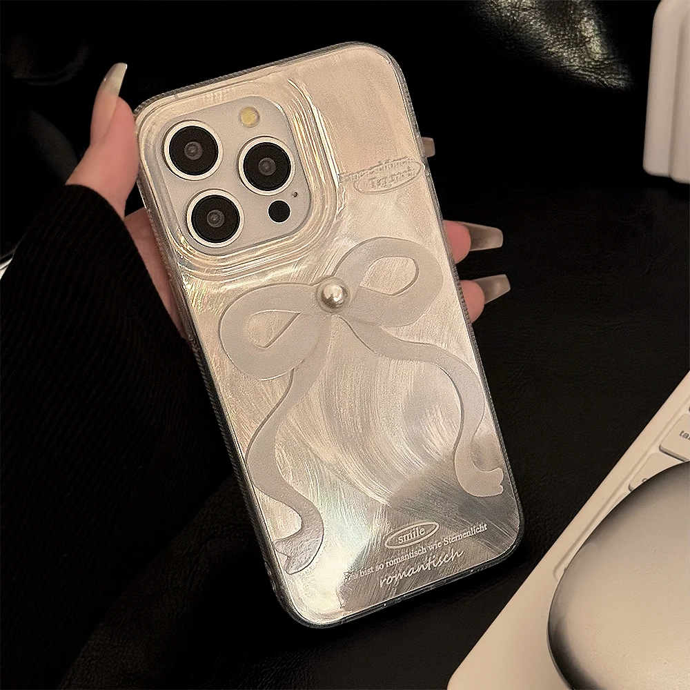 Ins Korea Cute Pearl White Bow Silvery Phone Case for iPhone 15 14 13 Pro Max 12 Pro 11 Back Cover