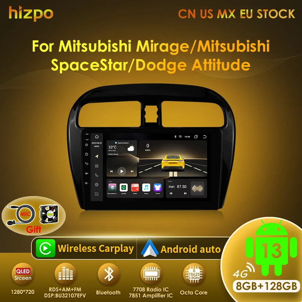 

Автомобильный радиоприемник Hizpo 2 Din Android 13 Multimidia для MITSUBISHI Mirage Spacestar Dodge Attitude 2012-2018 GPS-навигация Carplay DSP