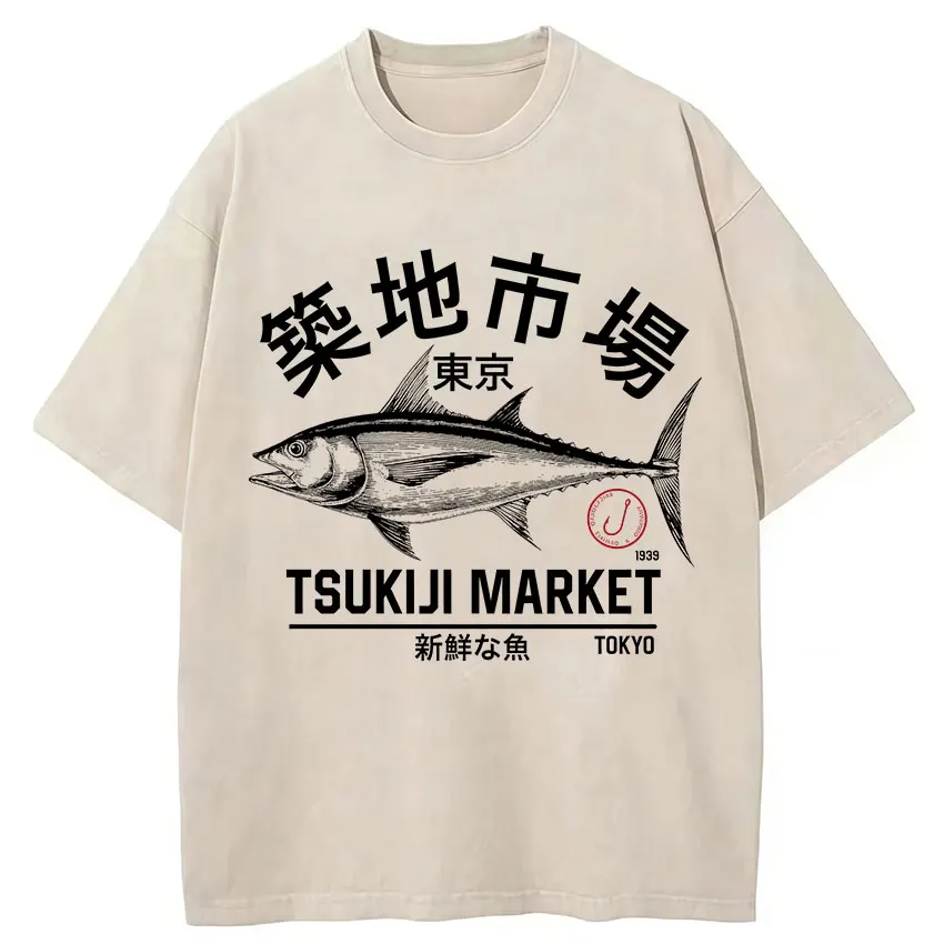 Vintage Washed Cotton T-shirt Japanese Fish Tsukiji Market Funny Meme T-Shirts Men's Summer Oversized Cotton T Shirt Streetwear