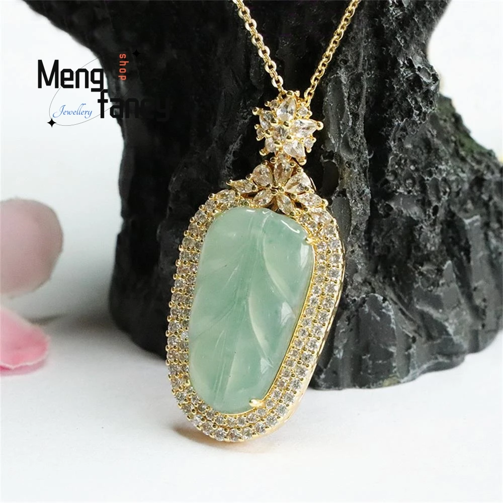 Natural A-goods Jadeite Blue Water Ice Leaf Pendant Exquisite Elegant Simple High-grade Luxury Quality Fine Jewelry Holiday Gift