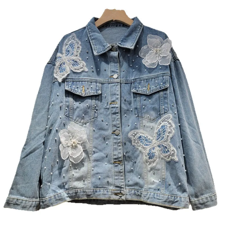 2026 Spring Autumn Korean Denim Jacket Women Heavy Embroidery 3D Butterfly Beaded Loose Short Jean Coat Female Casual Outerwear