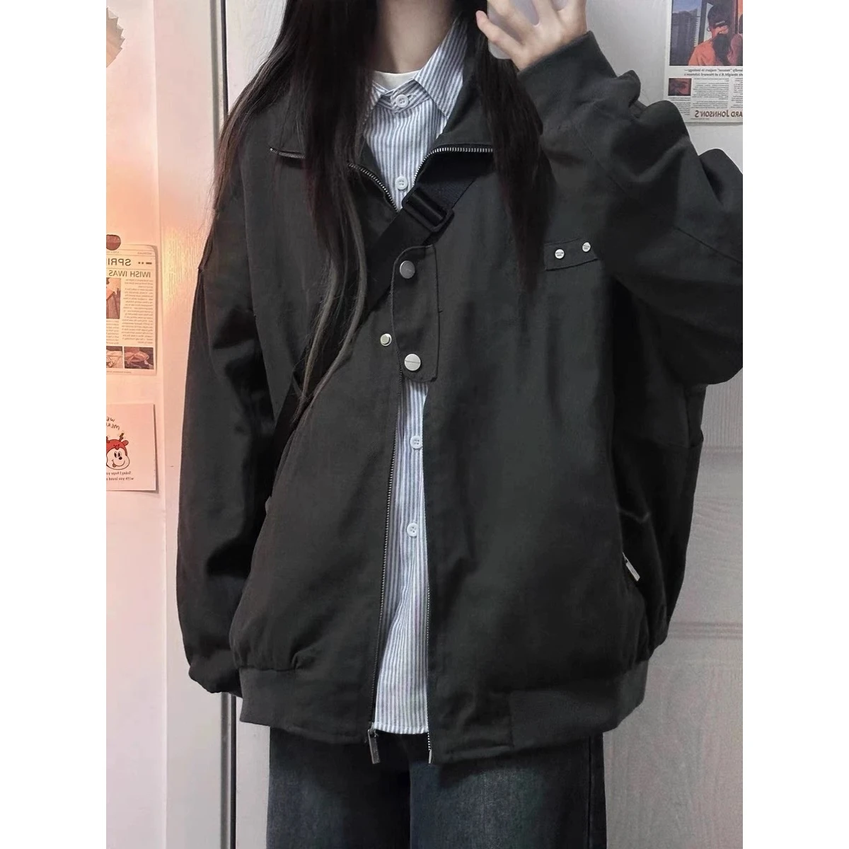 

Bla Casual Jaet Women's Spring Autumn Loose Fit Turn-down Collar Thin Sle Commute Windproof Long Sve Zipper Closure