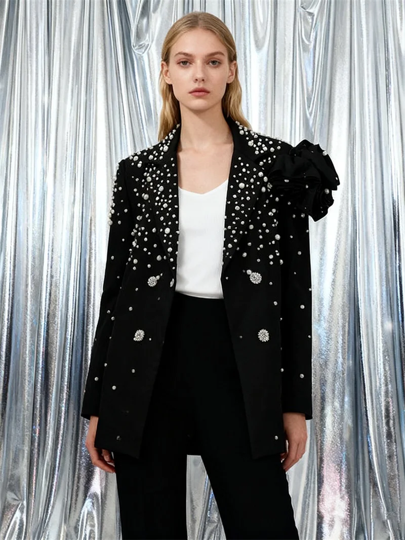 

Loose Black Pearls Women Suit 1 Pcs Blazer 3D Flower Cotton Jacket Formal Wedding Guest Outfit Holiday Banquet Party Bridal Coat
