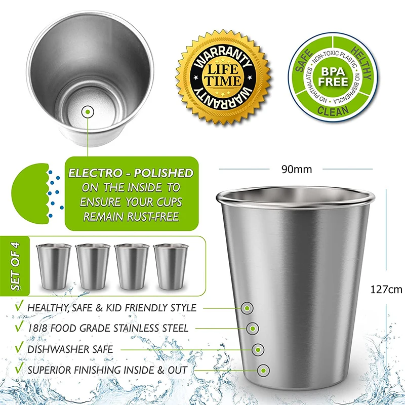 LMETJMA 500ML Stainless Steel Pint Cups Unbreakable Water Tumblers Stackable Reusable Metal Tumbler Cups For Kids Travel JT66
